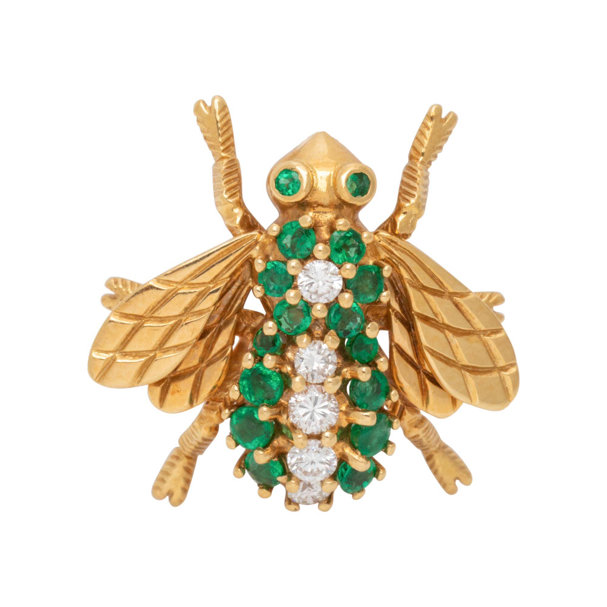 YELLOW GOLD, EMERALD AND DIAMOND BEE BROOCH