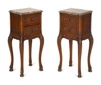 A Pair of Louis XV Style Carved Mahogany Side Tables with Marble Tops — 19th/20th Century