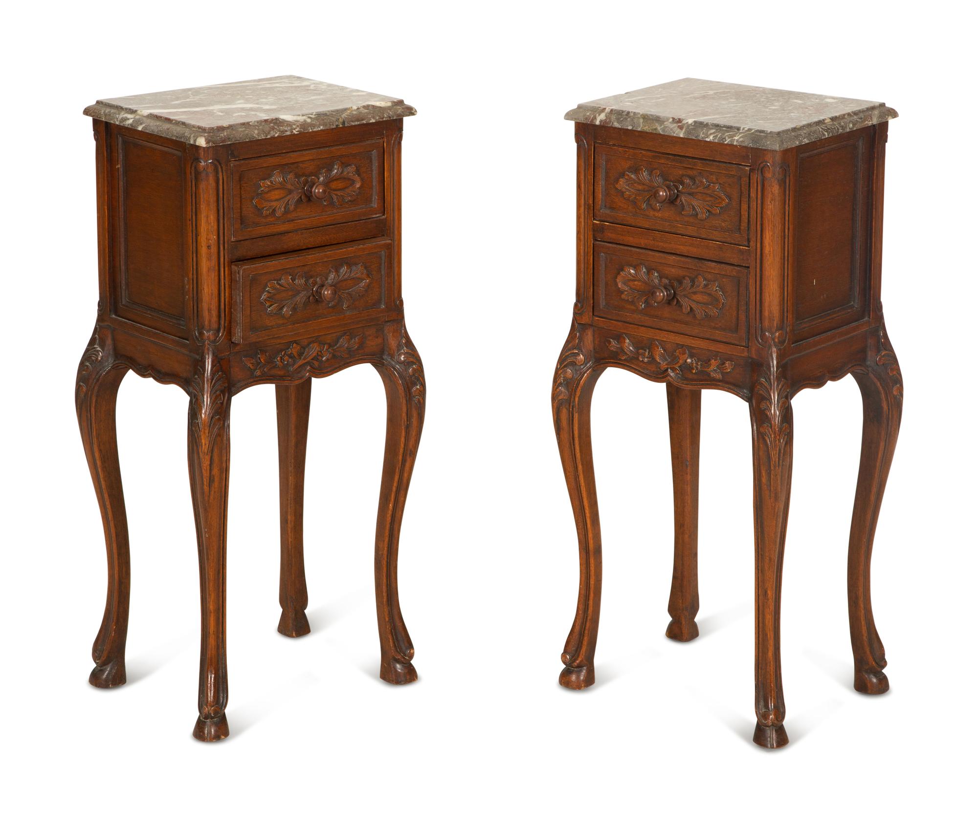 A Pair of Louis XV Style Carved Mahogany Side Tables with Marble Tops — 19th/20th Century