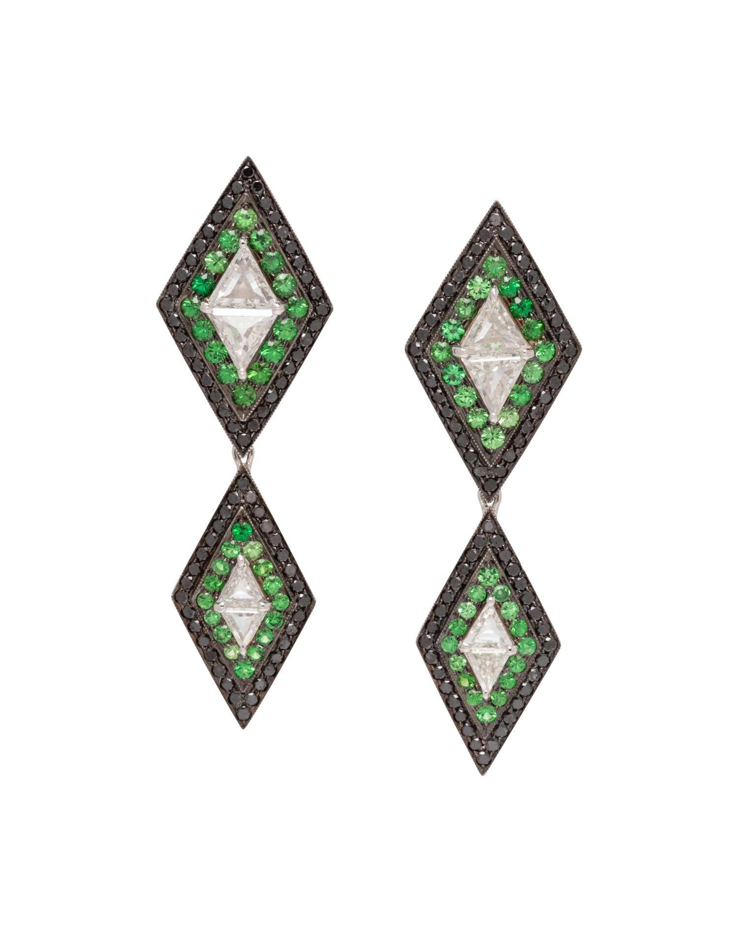 DIAMOND, TSAVORITE GARNET AND BLACK DIAMOND EARRINGS