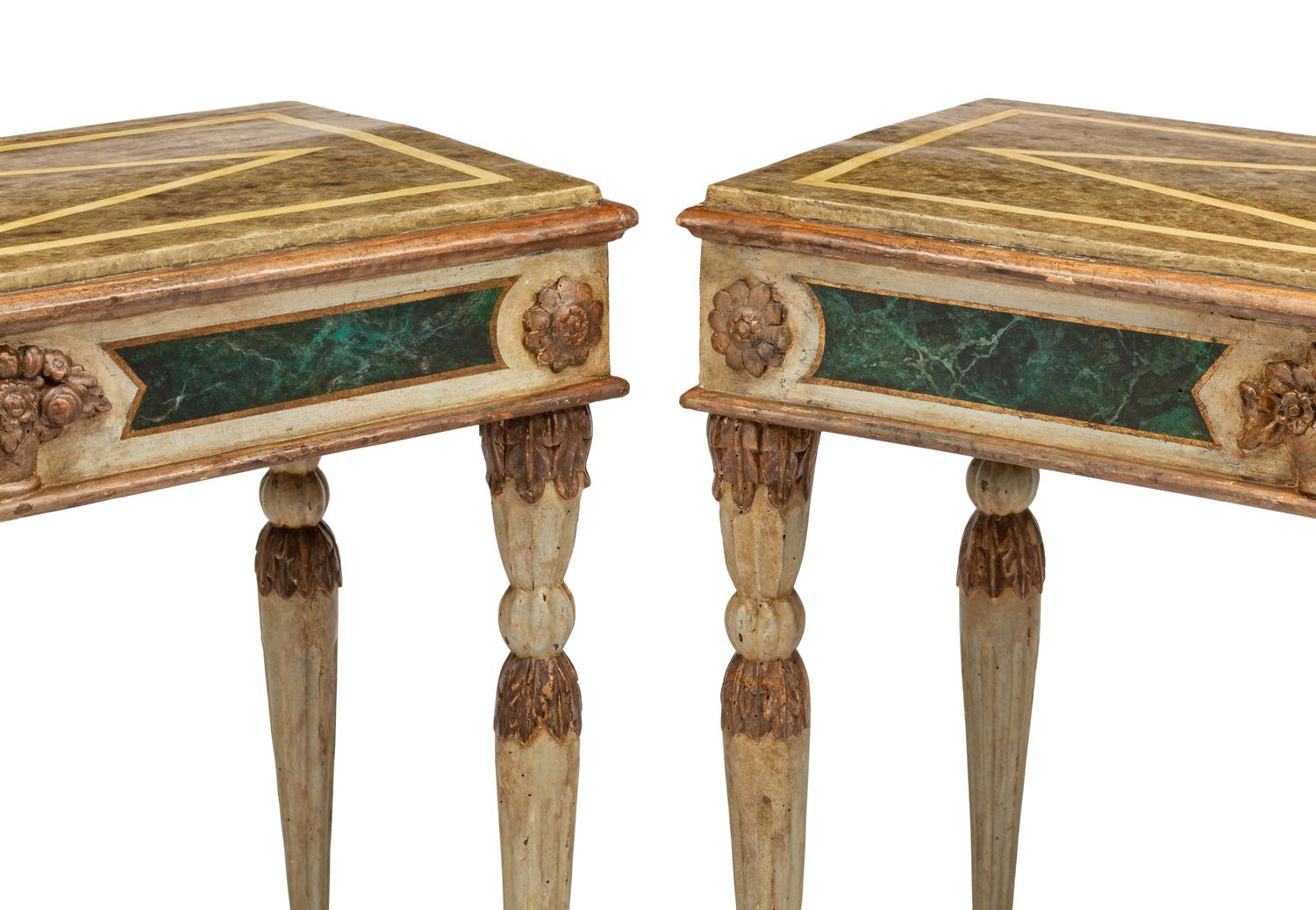 A Pair of Italian Faux Marble Painted Console Tables