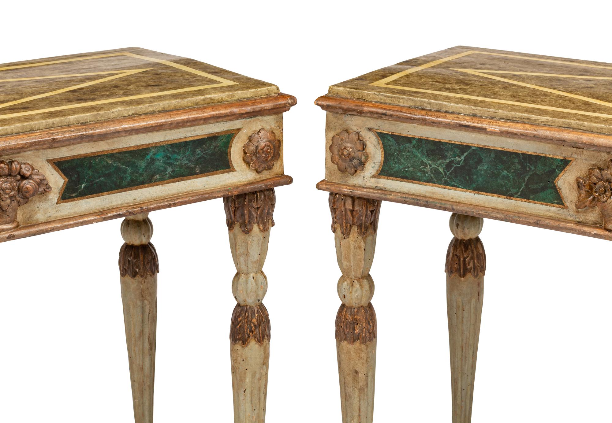 A Pair of Italian Faux Marble Painted Console Tables