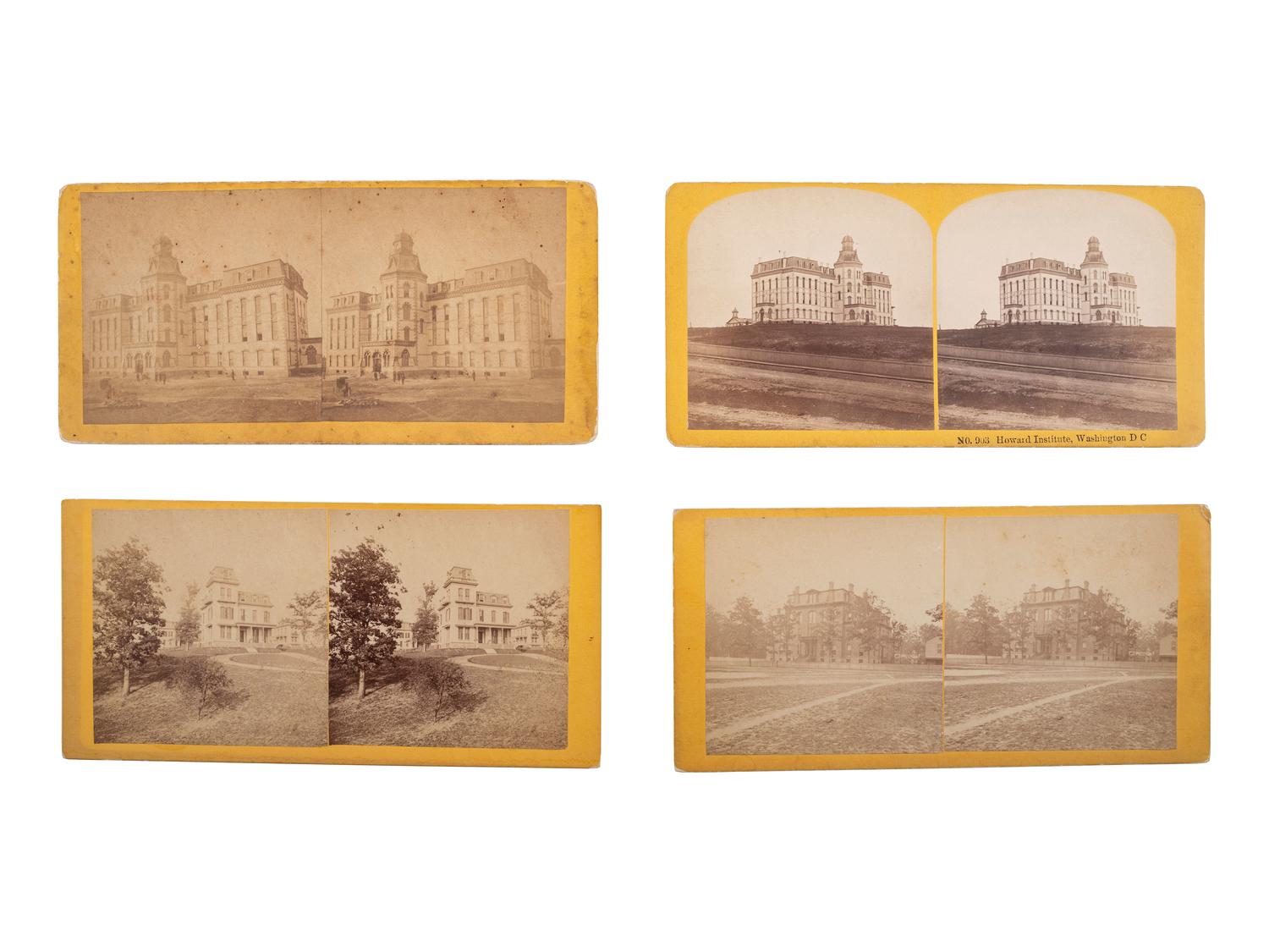 [EARLY PHOTOGRAPHY]. A group of 4 stereoviews of Howard University's first building and Oliver Otis Howard's home. Ca 1870s.