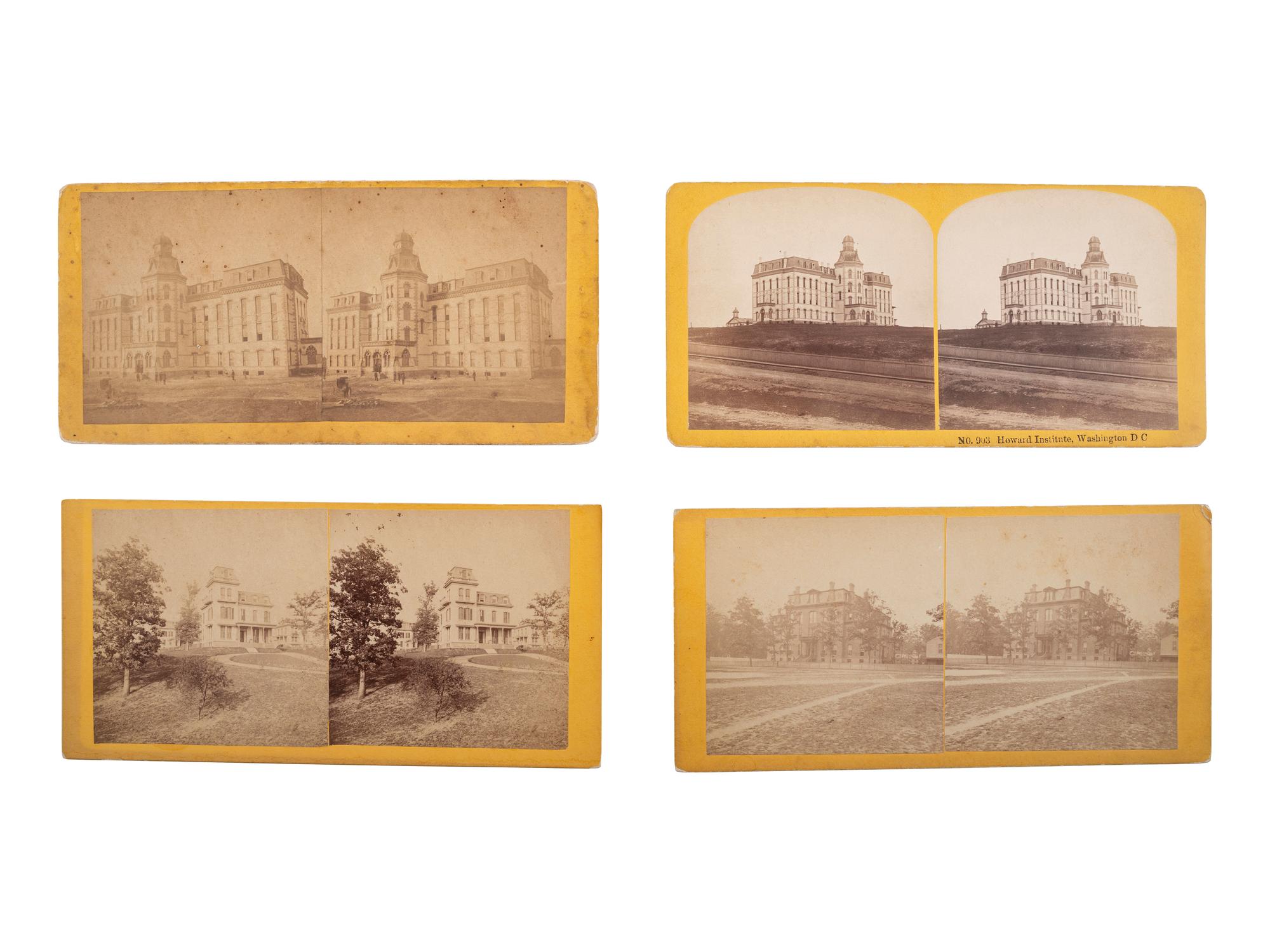 [EARLY PHOTOGRAPHY]. A group of 4 stereoviews of Howard University's first building and Oliver Otis Howard's home. Ca 1870s.