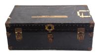 A Black Metal Steamer Trunk Height 12 1/2 inches x width 36 inches x depth 21 7/8 inches.