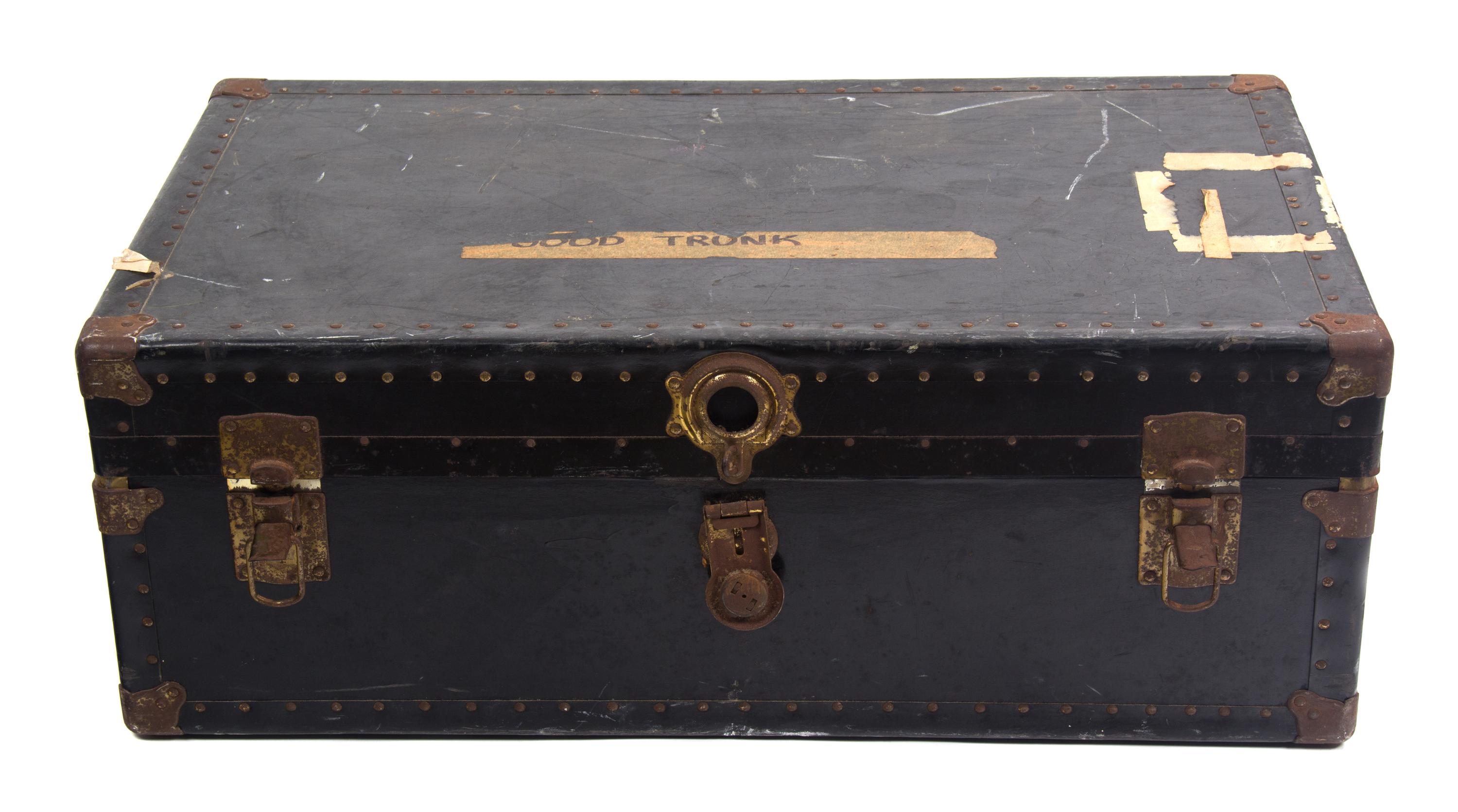 A Black Metal Steamer Trunk Height 12 1/2 inches x width 36 inches x depth 21 7/8 inches.