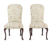 A Pair of Queen Anne Style Crewelwork Upholstered Walnut Side Chairs