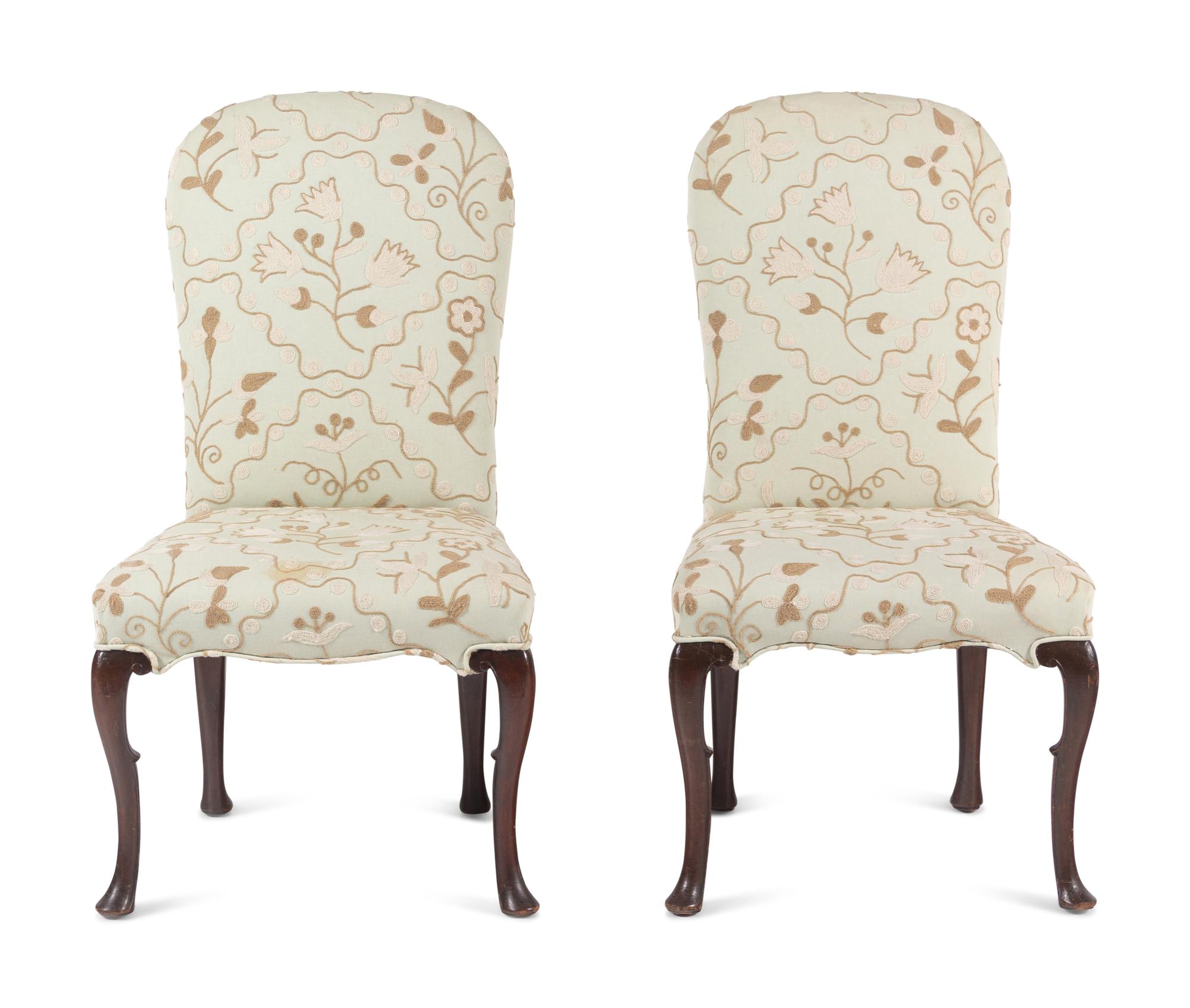 A Pair of Queen Anne Style Crewelwork Upholstered Walnut Side Chairs