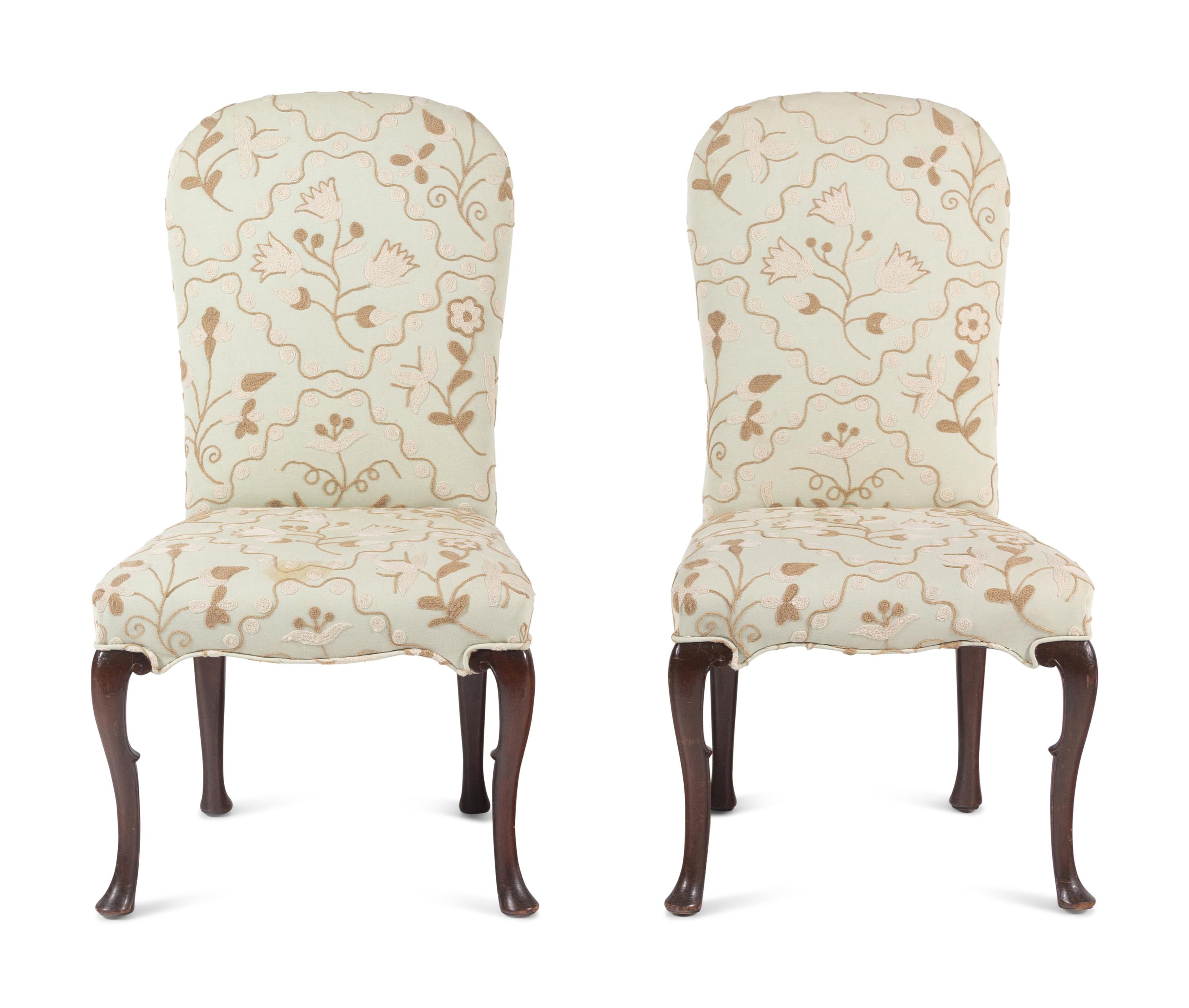 A Pair of Queen Anne Style Crewelwork Upholstered Walnut Side Chairs