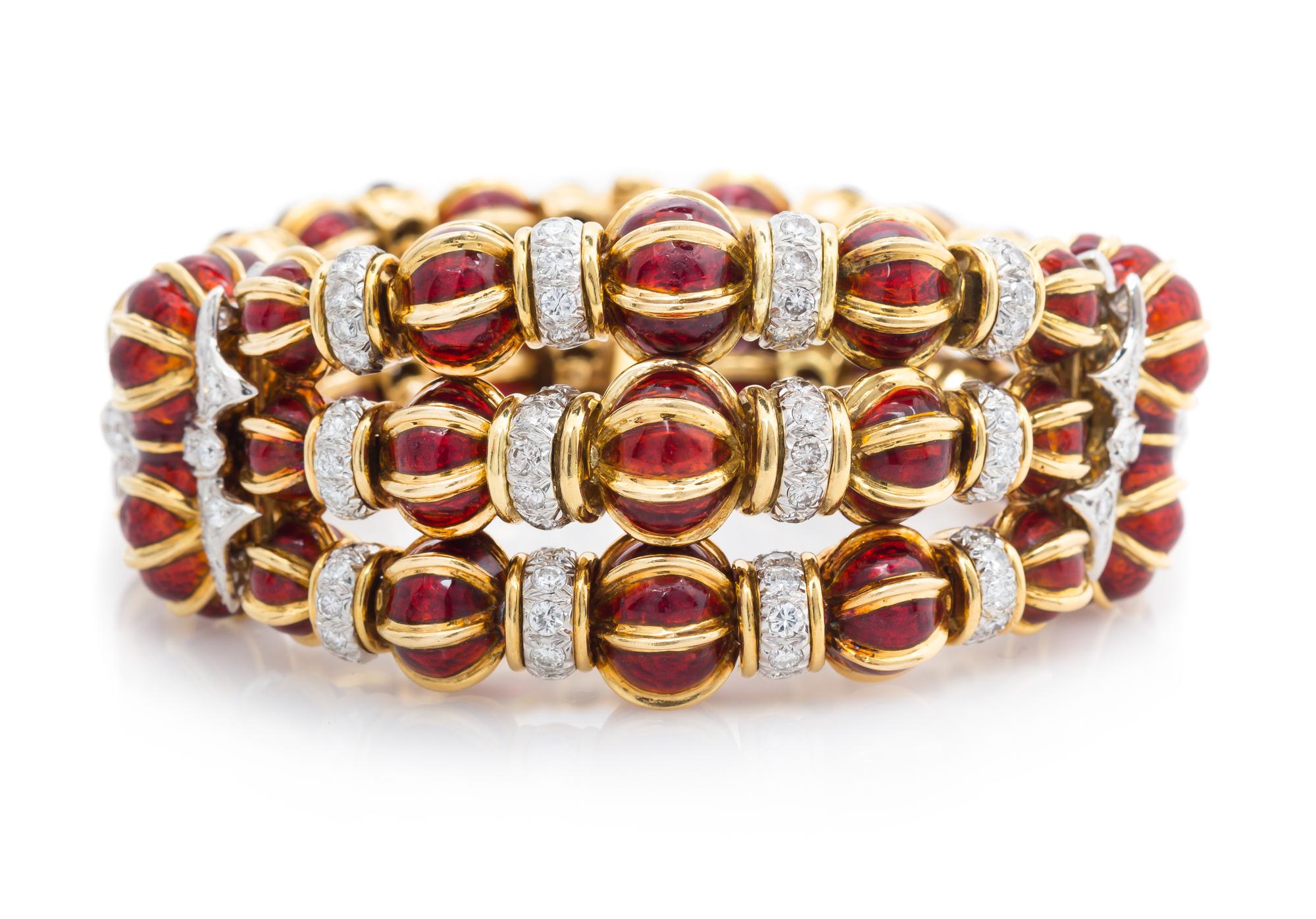 An 18 Karat Yellow Gold, Diamond and Enamel Bracelet, David Webb, 109.45 dwts.