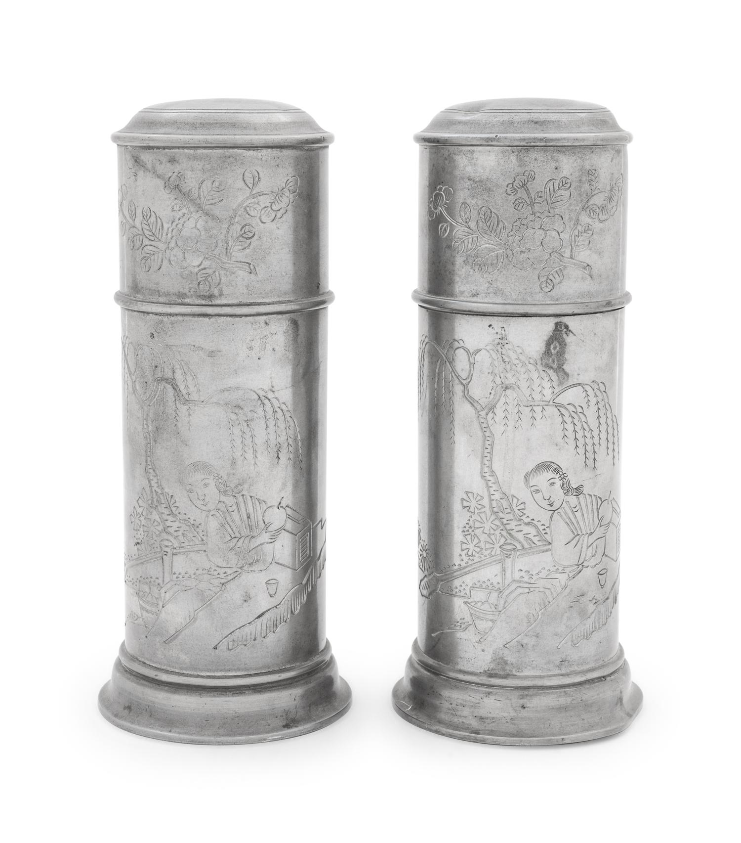 A Pair of Chinese Pewter Tea Caddies with Loose Leaf Tea