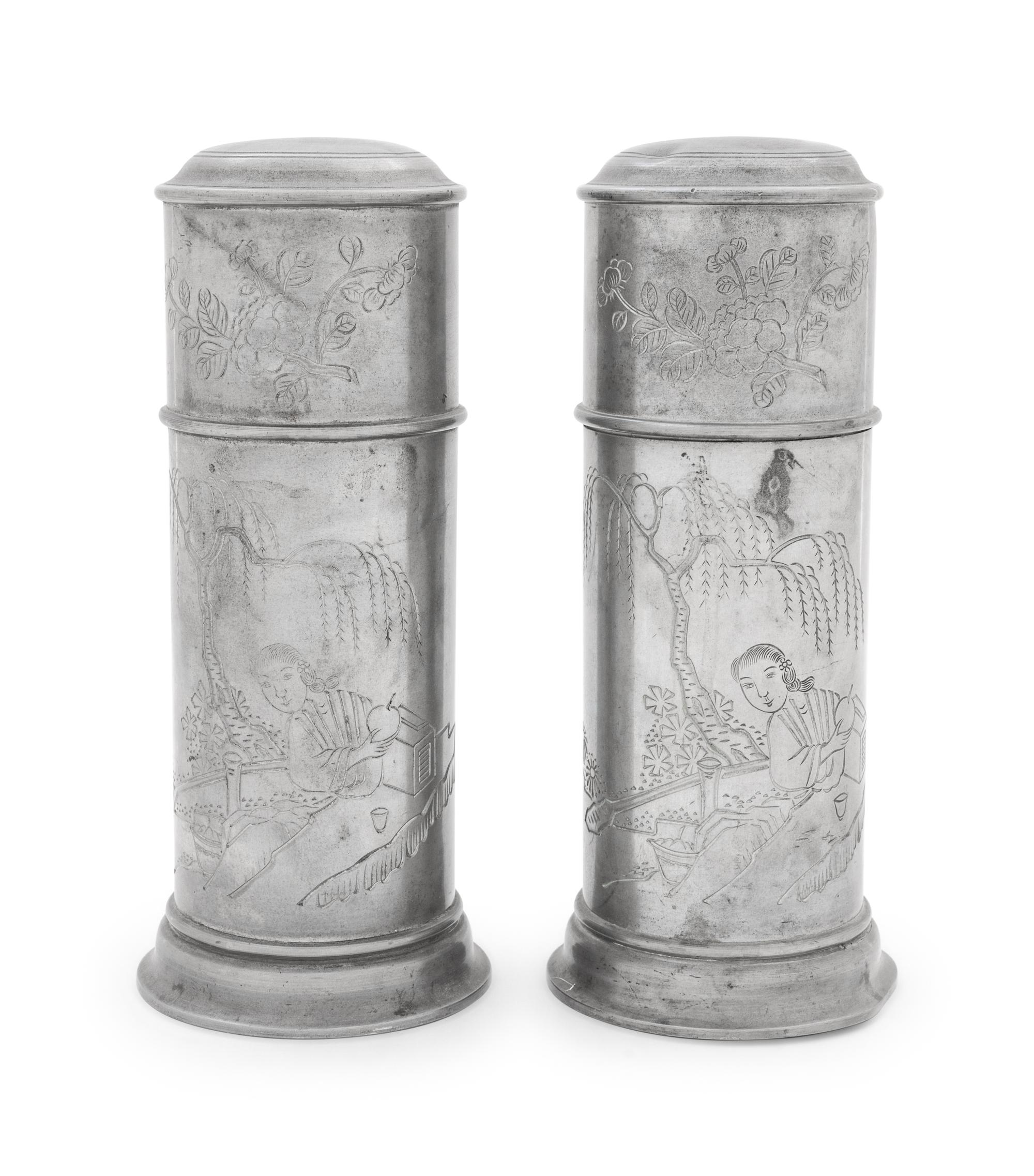 A Pair of Chinese Pewter Tea Caddies with Loose Leaf Tea