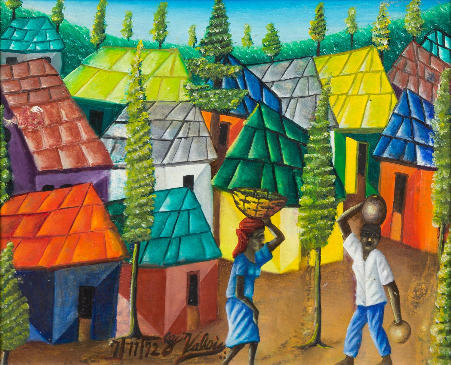 Gerard Valcin, (Haitian, 1925-1988), Untitled (Village Scene), 1972 and Untitled (Farmers), 1972 (a pair of works)