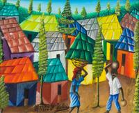 Gerard Valcin, (Haitian, 1925-1988), Untitled (Village Scene), 1972 and Untitled (Farmers), 1972 (a pair of works)