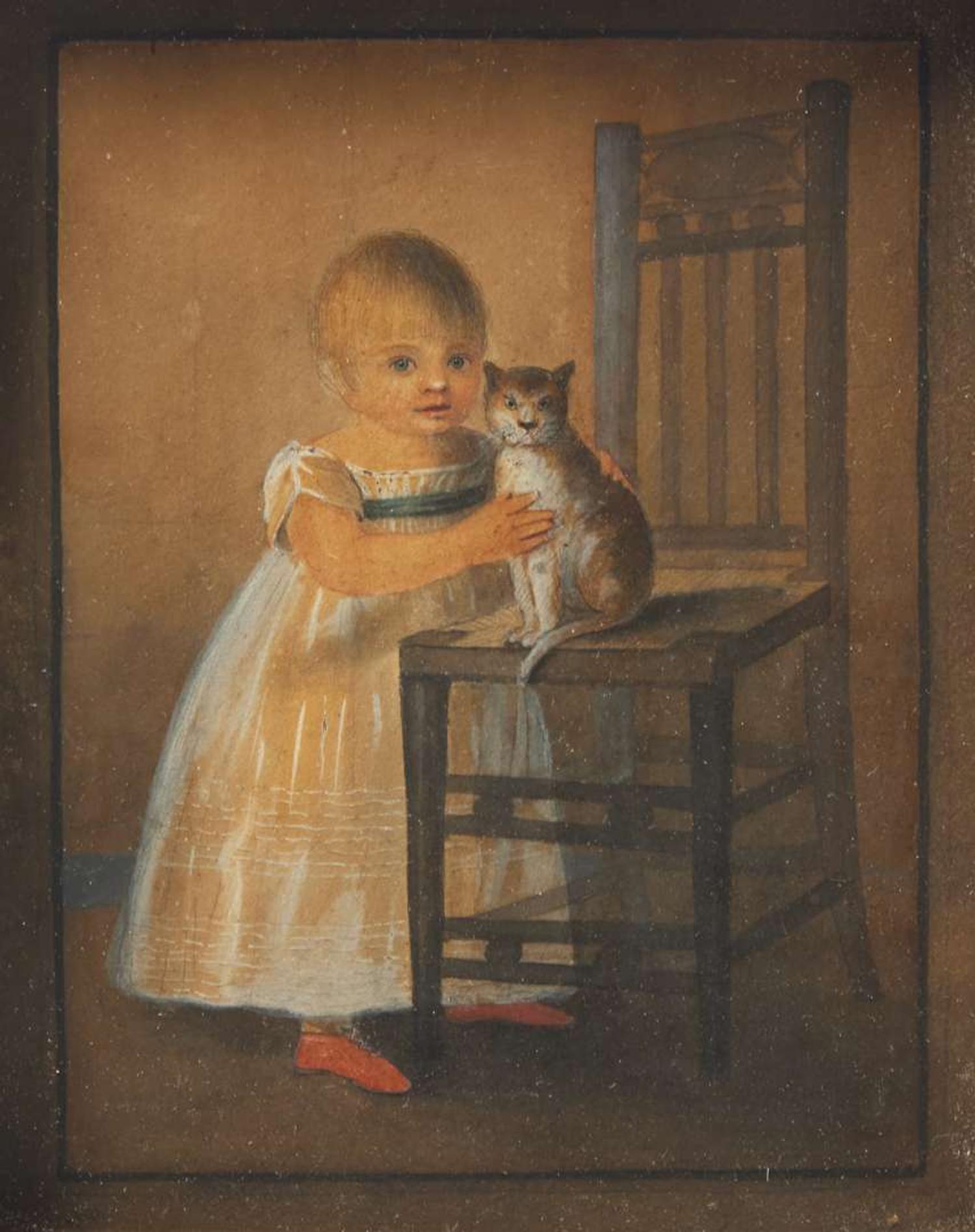American or Continental School 19th century, Portrait of a Young Girl with Pet Cat