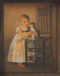 American or Continental School 19th century, Portrait of a Young Girl with Pet Cat