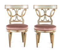 A Pair of Italian Neoclassical Blue Painted and Parcel Gilt Side Chairs