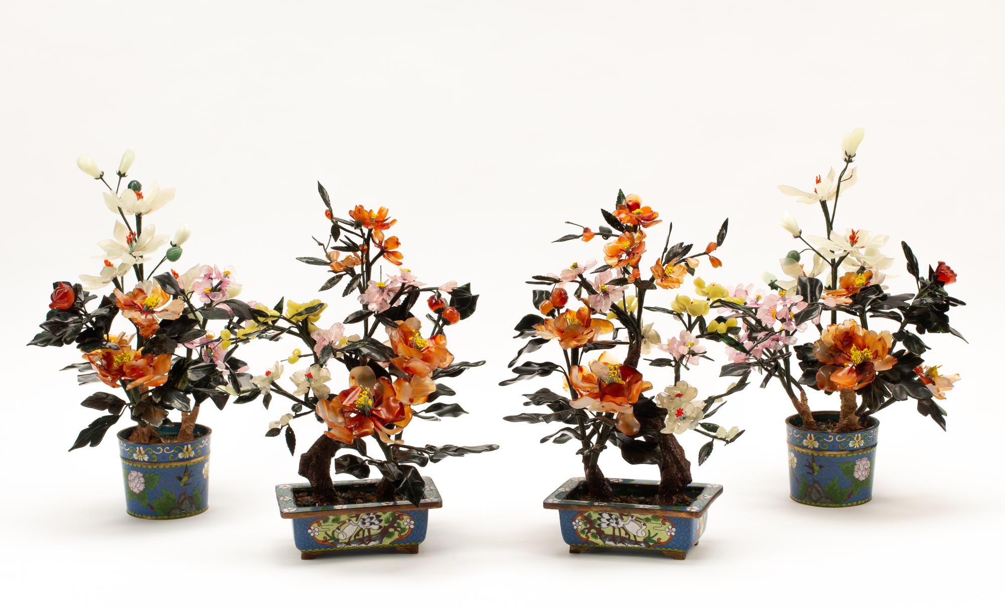 Two Pairs of Chinese Hardstone Trees with Cloisonne Bases