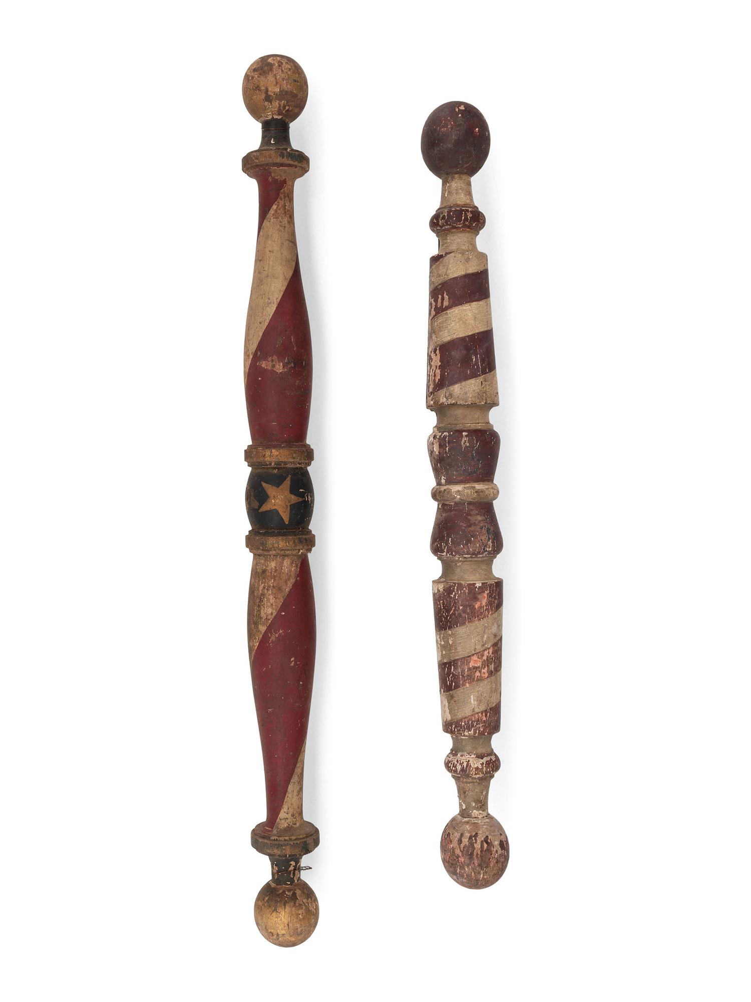 Two Polychrome Paint Decorated Wood Barber Poles