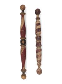 Two Polychrome Paint Decorated Wood Barber Poles