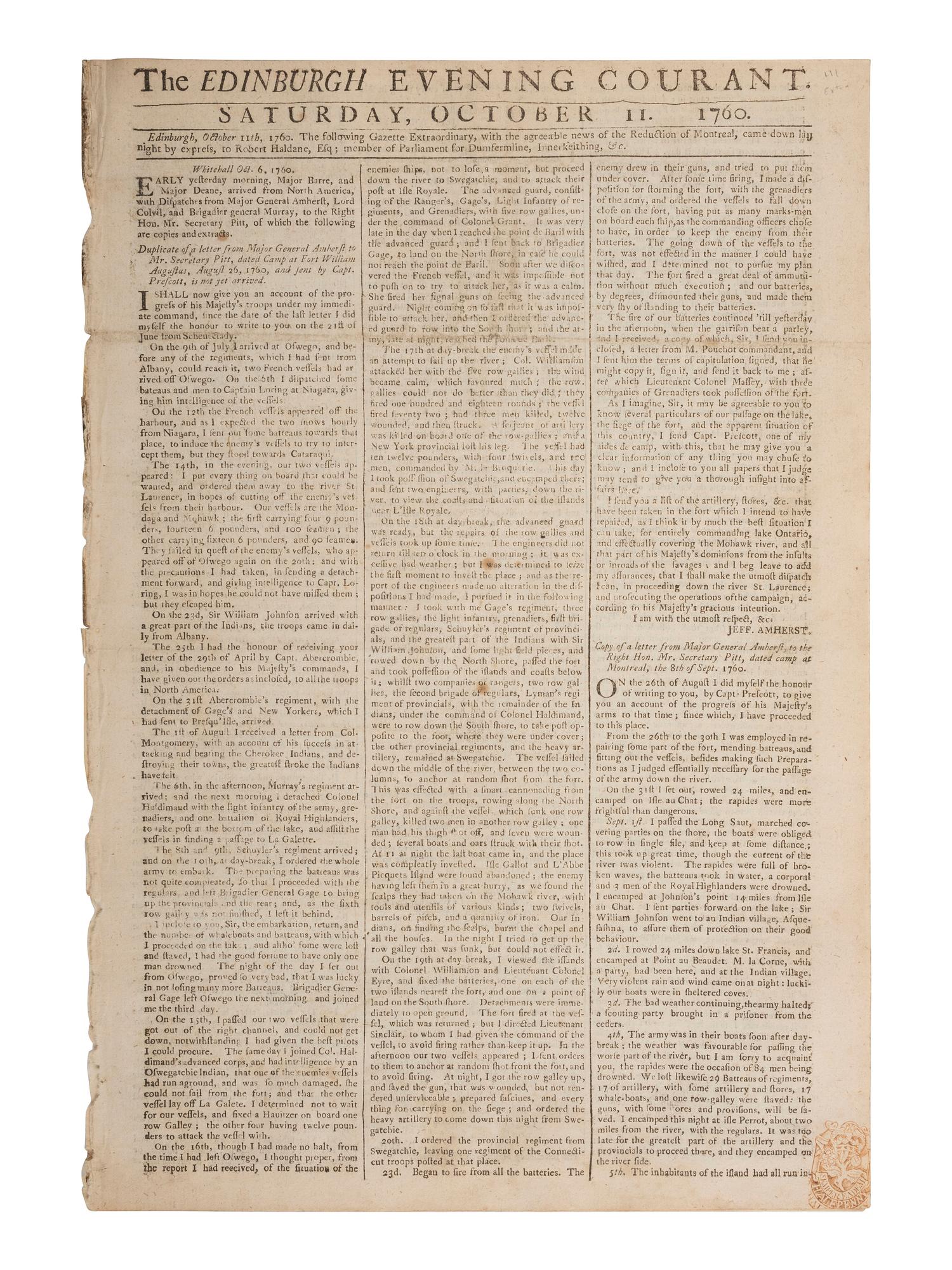 [FRENCH & INDIAN WAR]. Edinburgh Evening Courant. Edinburgh, Scotland: 11 October 1760.