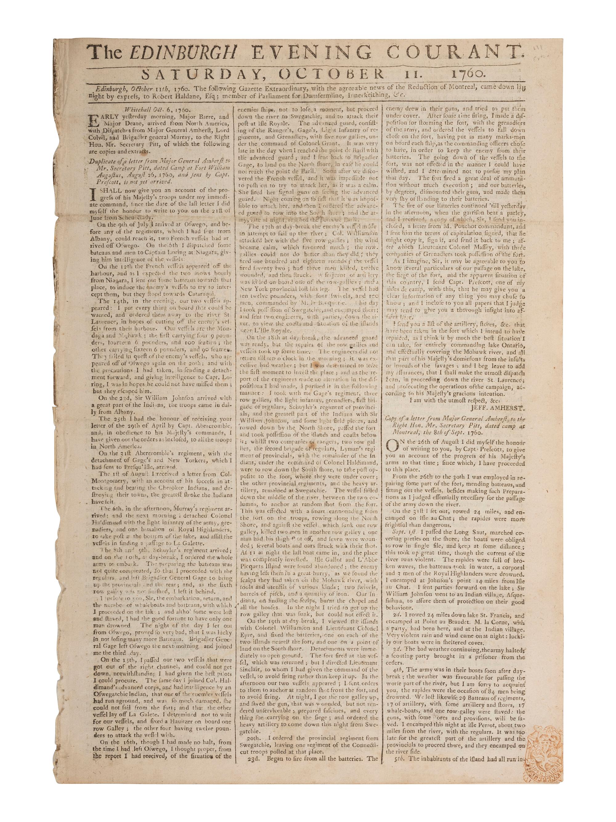 [FRENCH & INDIAN WAR]. Edinburgh Evening Courant. Edinburgh, Scotland: 11 October 1760.