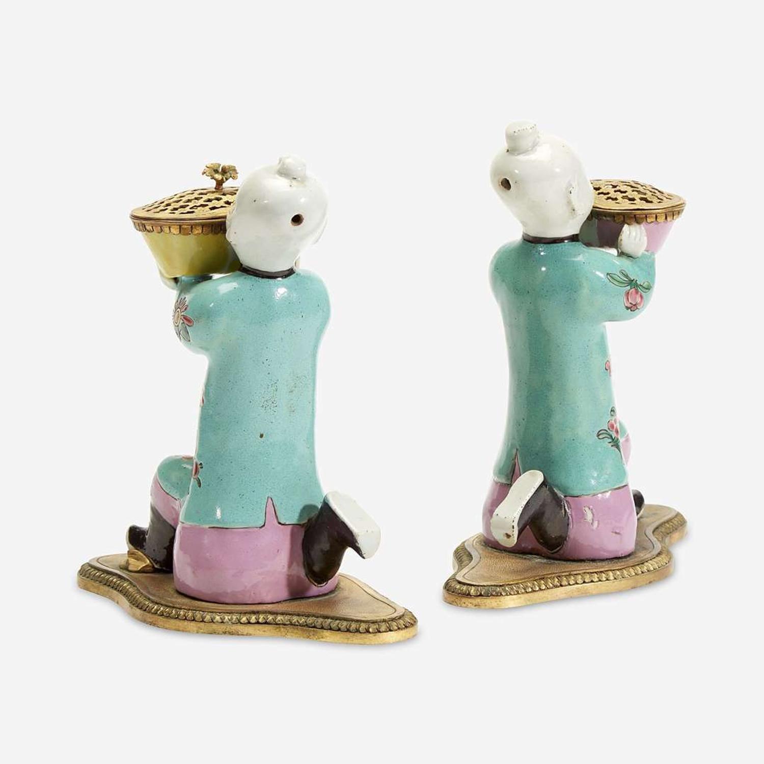 A Pair of Chinese Export Famille Rose Gilt Bronze-Mounted Figural Brûle Parfum The porcelain late 18th/early 19th century