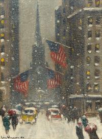 Guy Carleton Wiggins, (American, 1883–1962), Wall Street View of Old Trinity in Winter