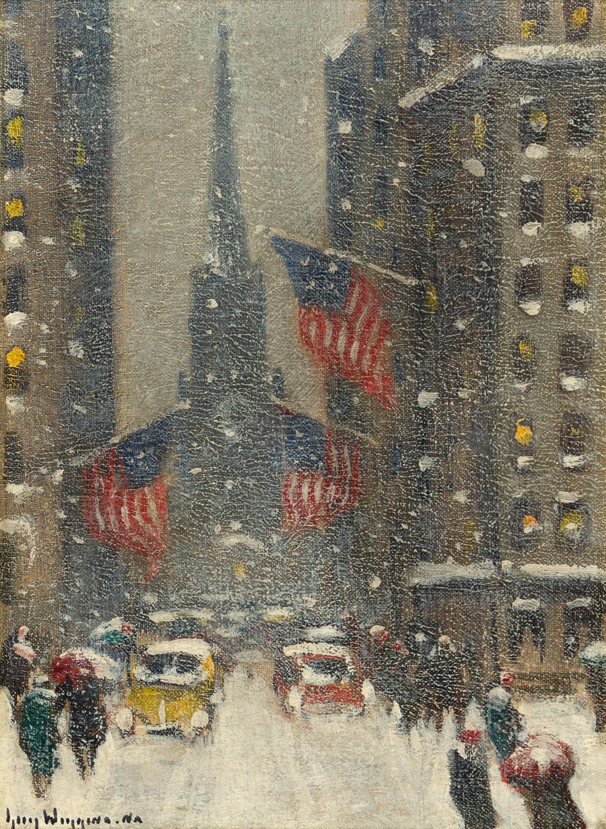 Guy Carleton Wiggins, (American, 1883–1962), Wall Street View of Old Trinity in Winter
