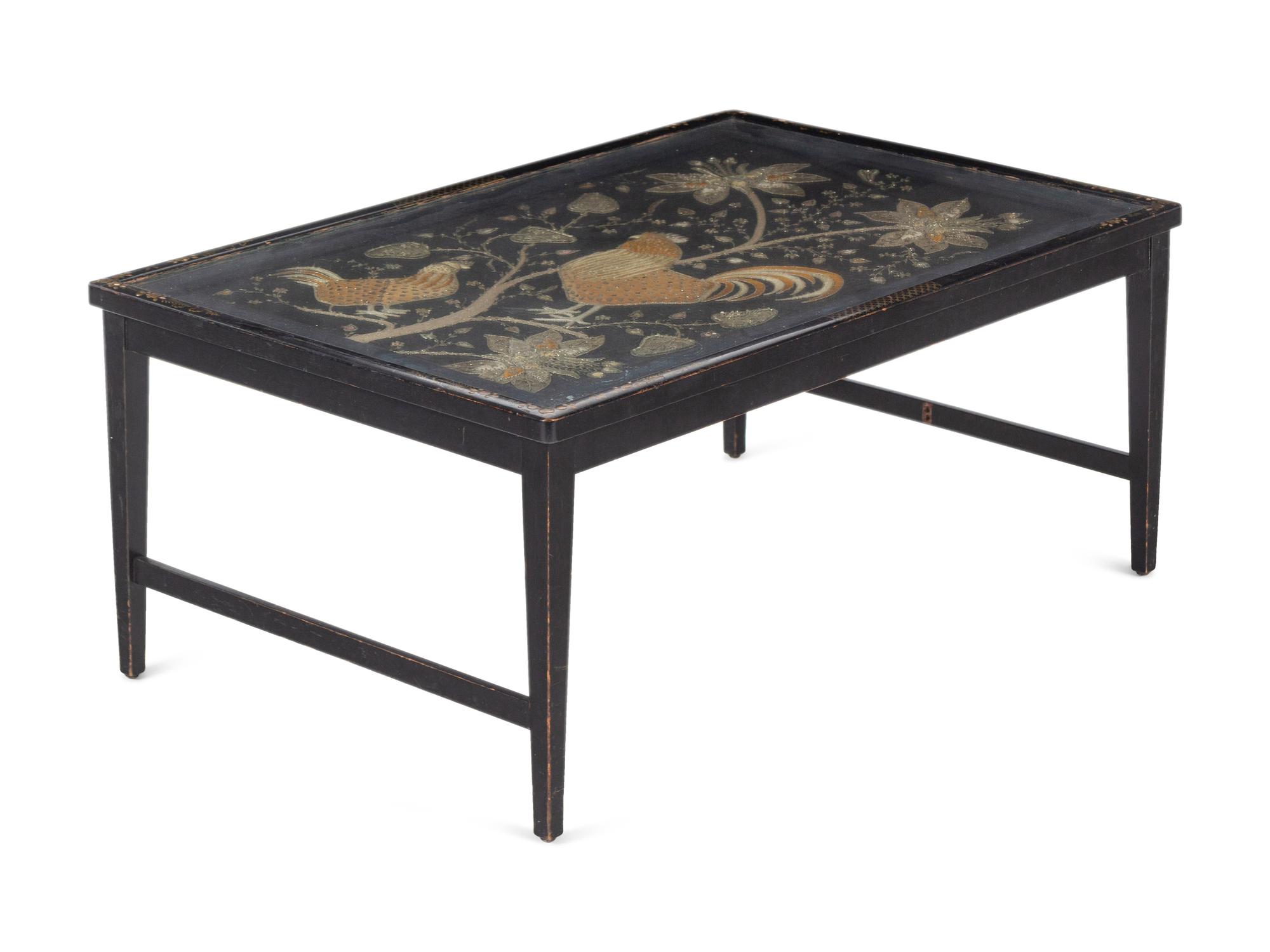 A Chinoiserie Decorated Vitrine Table Inset with an Embroidered Beadwork Picture