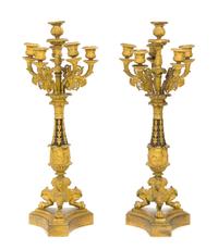 A Pair of Louis Philippe Gilt and Patinated Bronze Six-Light Candelabra Height 26 inches.