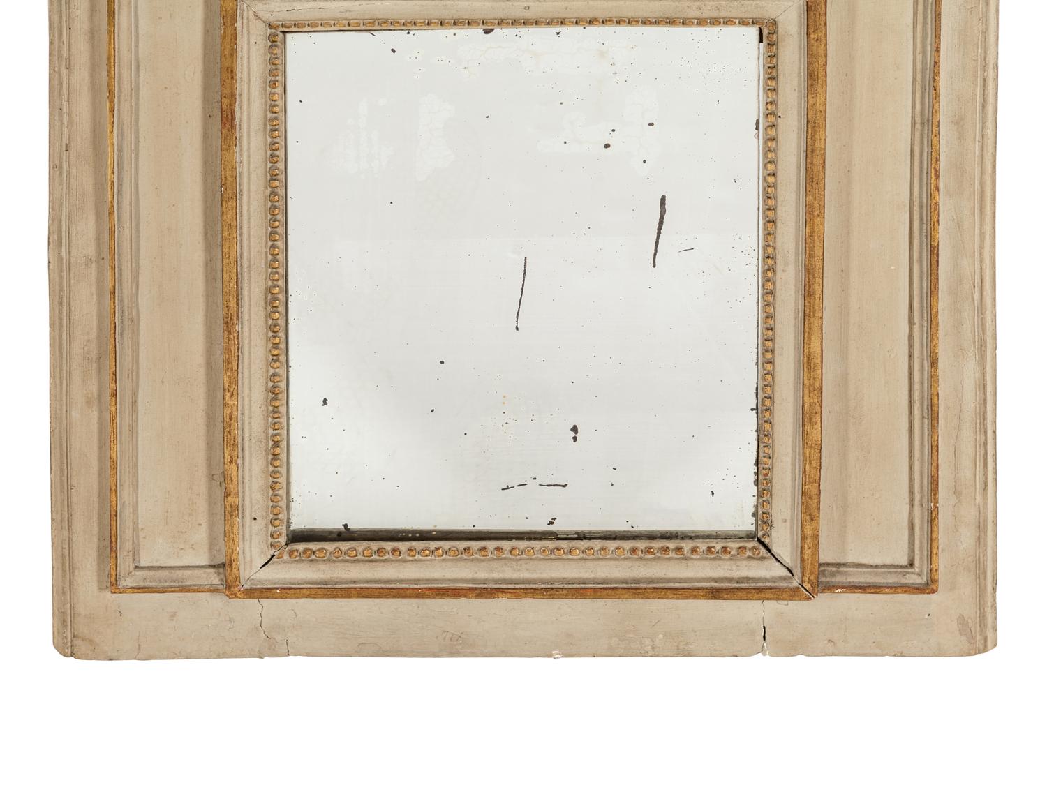 A Louis XVI Style Gray Painted and Parcel Gilt Mirror