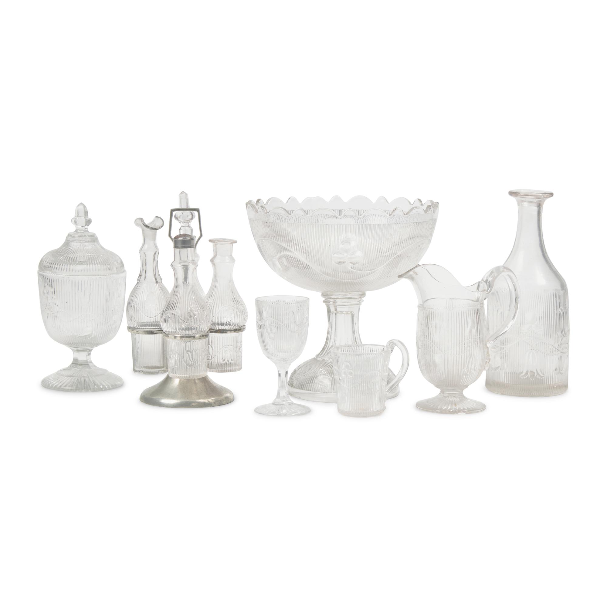 A Group of Seven Pressed Flint Glass Tablewares in the "Bellflower" Pattern