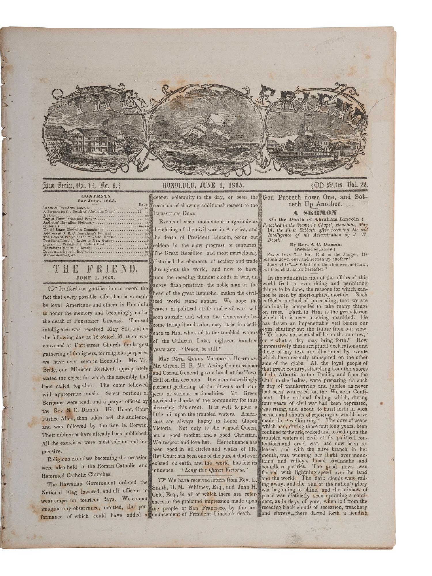 [LINCOLN ASSASSINATION]. The Friend . Vol. 14, No. 6. Honolulu, Hawaii: 1 June 1865.