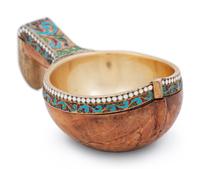 A Russian Birch Mounted Silver-Gilt and Enameled Kovsh