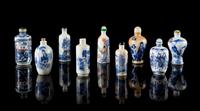 Nine Blue and White and Famille Rose Porcelain Snuff Bottles — 19TH CENTURY