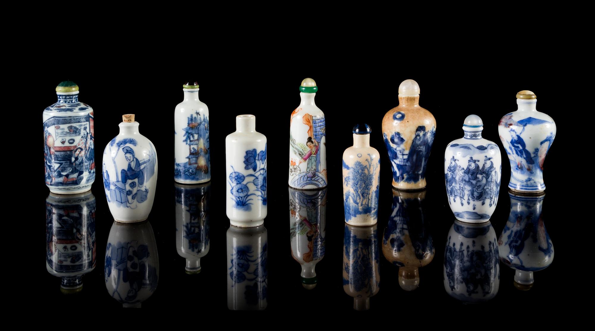 Nine Blue and White and Famille Rose Porcelain Snuff Bottles — 19TH CENTURY