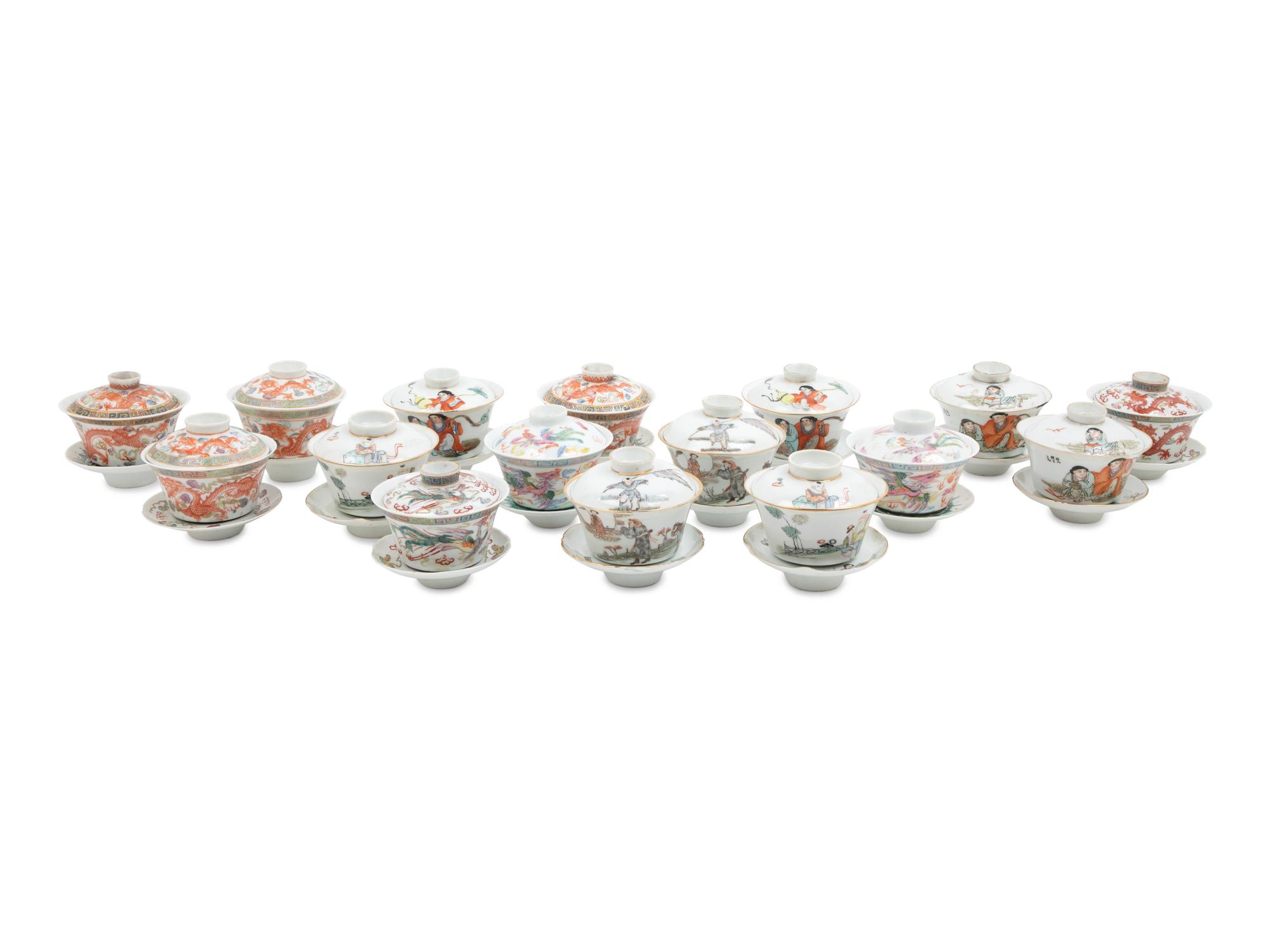 Sixteen Famille Rose Porcelain Covered Tea Bowls
