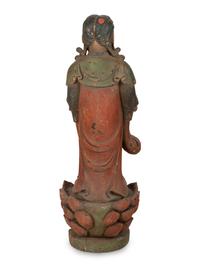 A Chinese Carved Wood Standing Figure with Polychrome Decoration