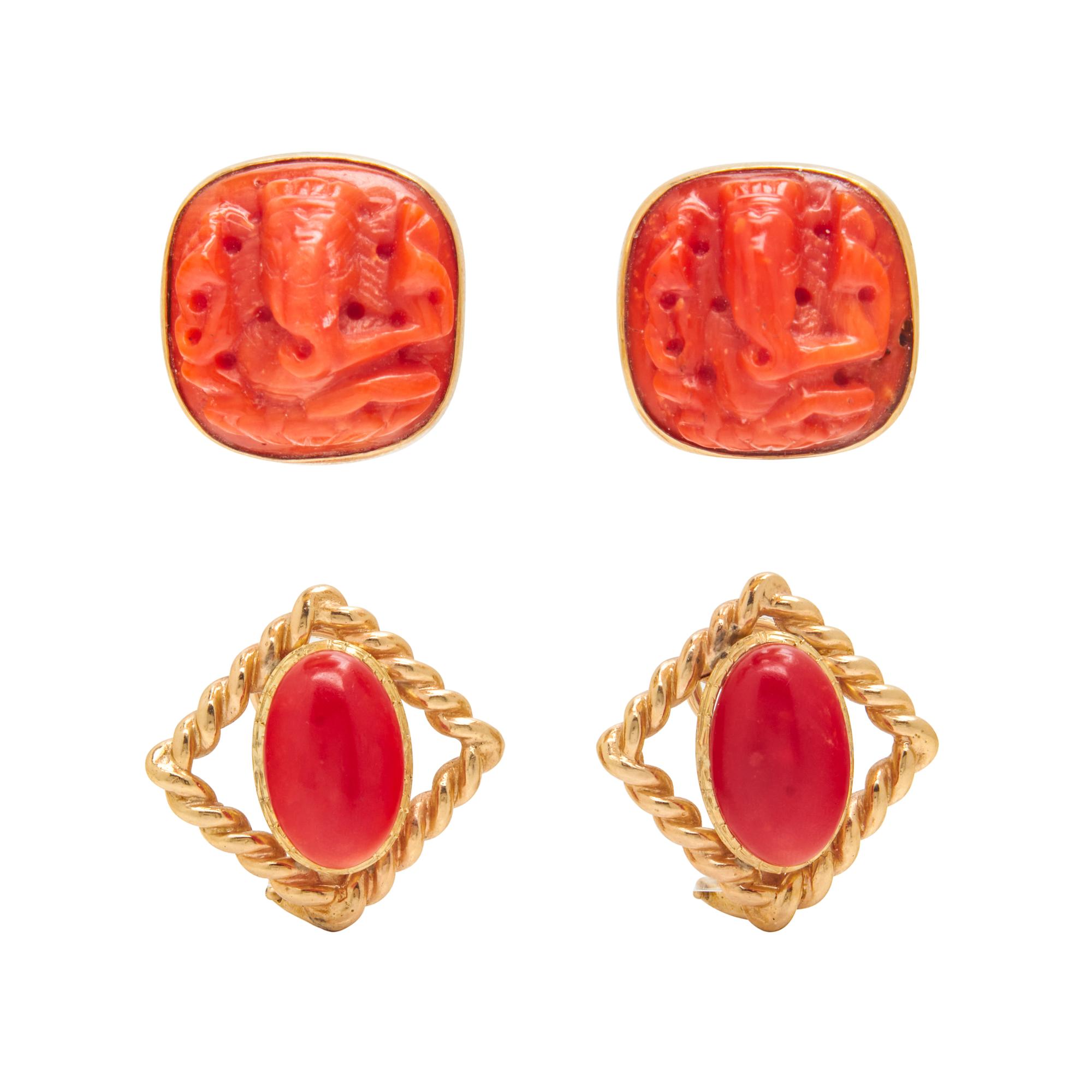 TWO PAIRS OF YELLOW GOLD AND CORAL CLIP EARRINGS