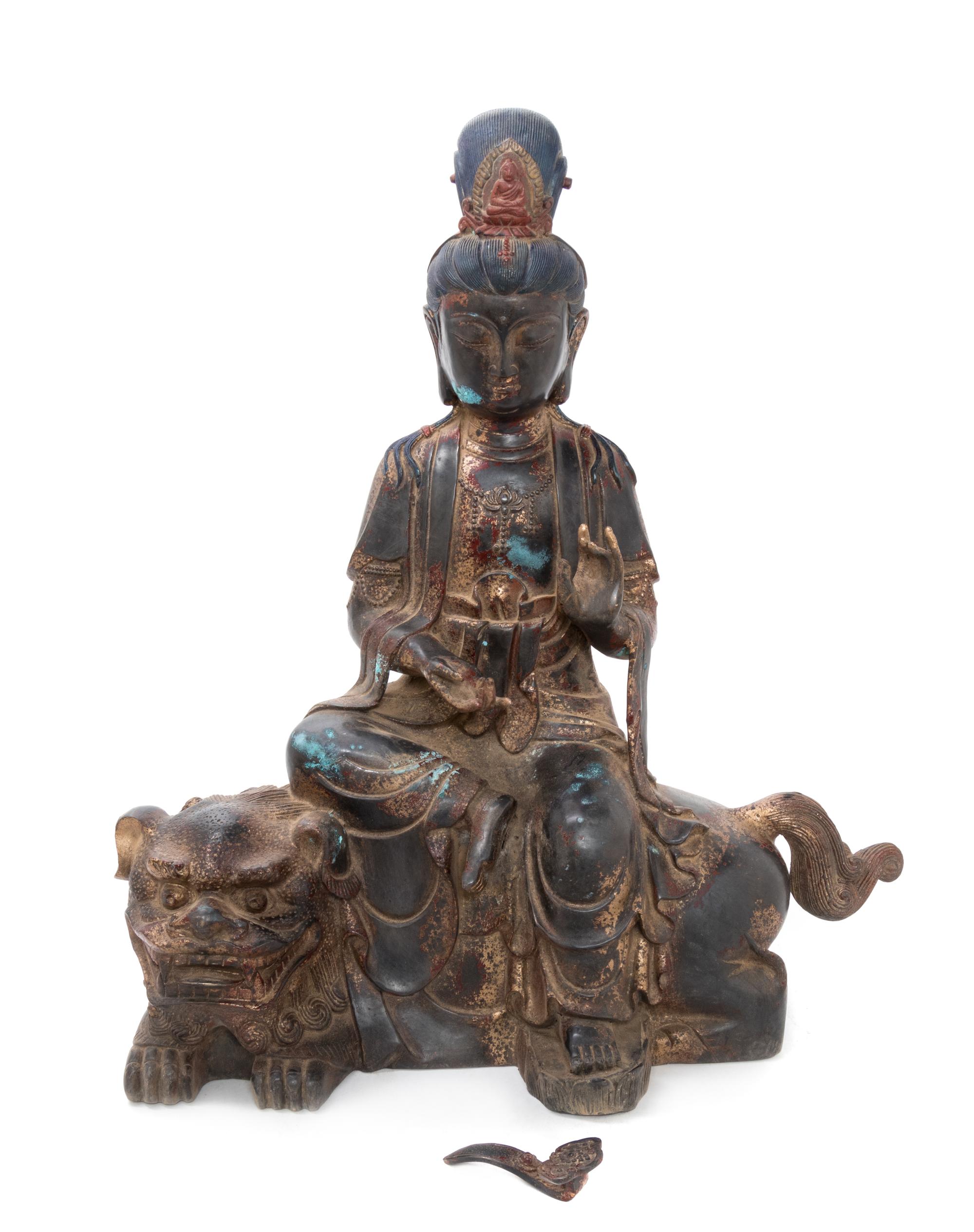 A Chinese Gilt and Red Lacquer Bronze Figure of a Bodhisattva