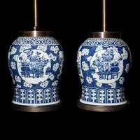 A Pair of Chinese Blue and White ' Bogu ' Motif Porcelain General Jars, 19th Century 晚清 青花博古圖將軍罐一對