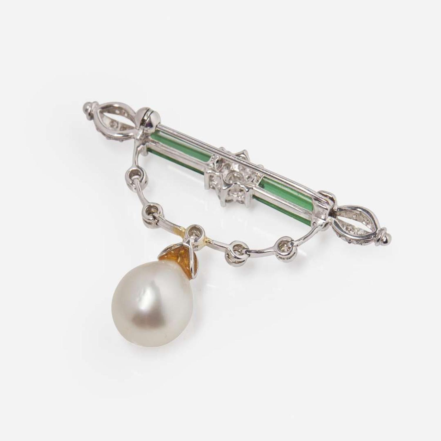 An 18K White Gold, Tourmaline, Diamond, and Pearl Brooch