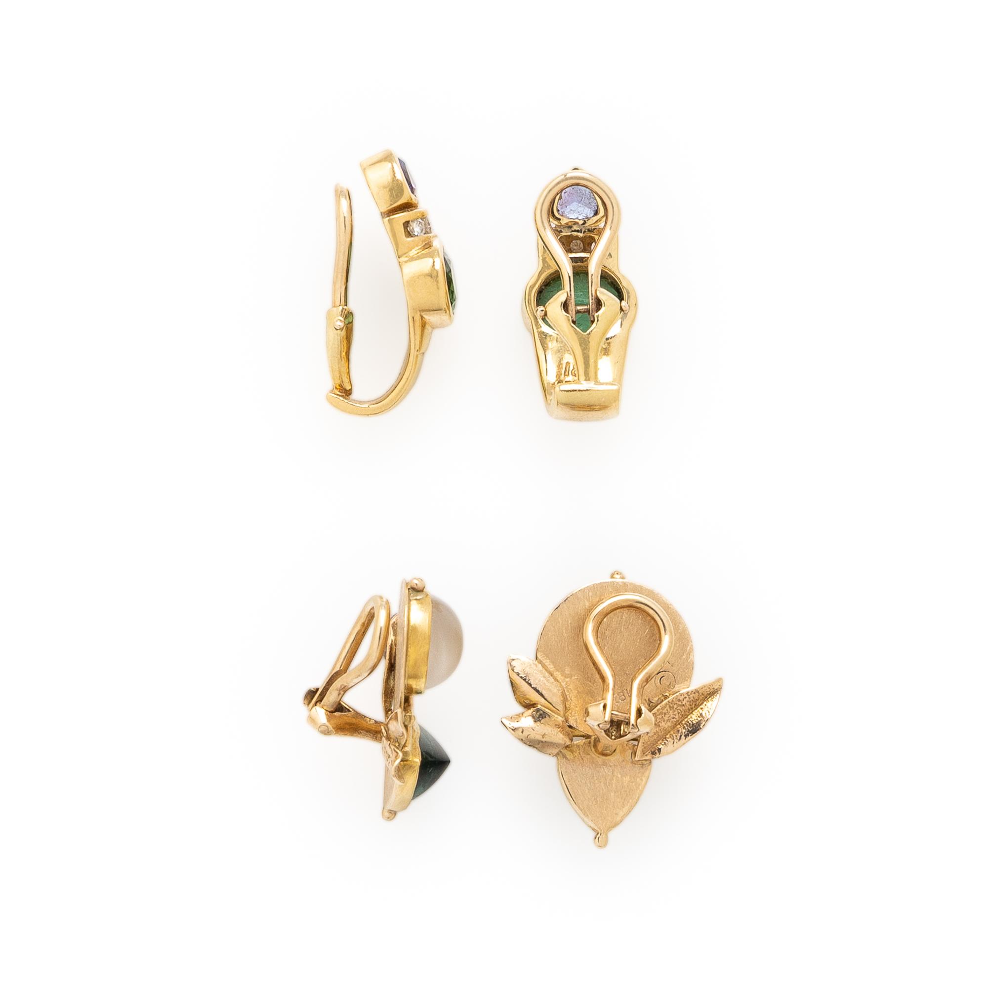 Two Pairs of Yellow Gold and Multigem Earrings