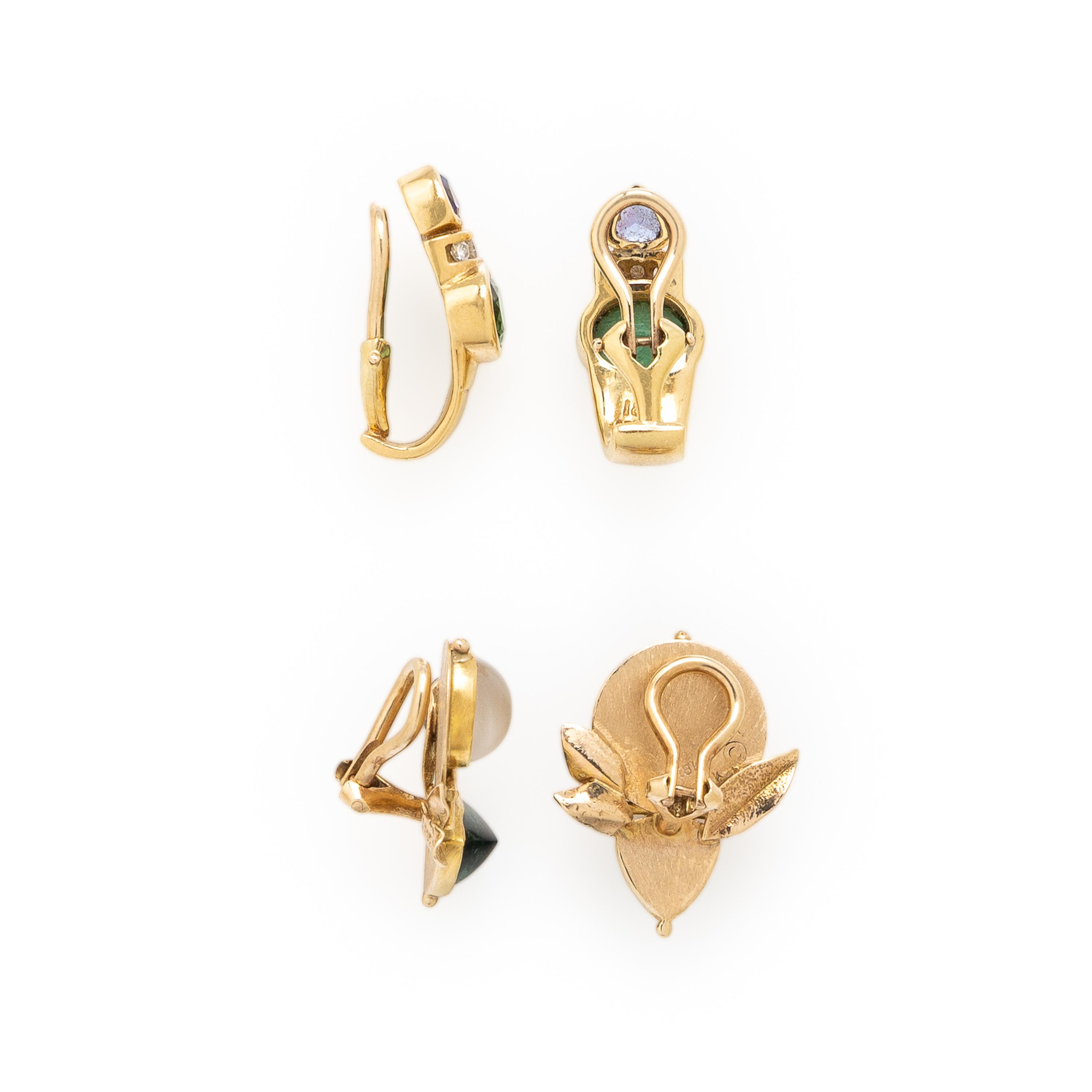Two Pairs of Yellow Gold and Multigem Earrings