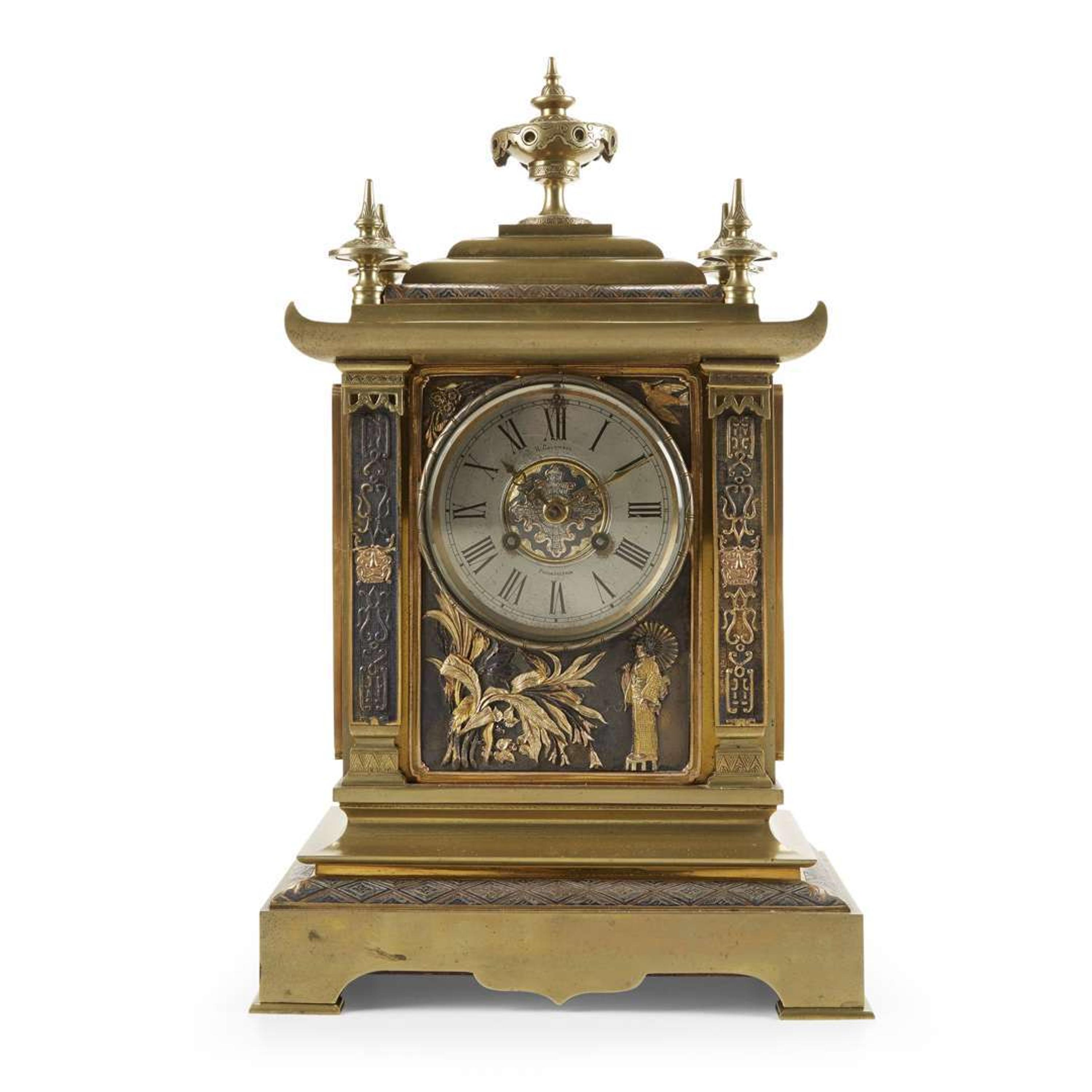 Aesthetic Japanesque brass clock J. E. Caldwell & Co., Philadelphia, PA, late 19th century