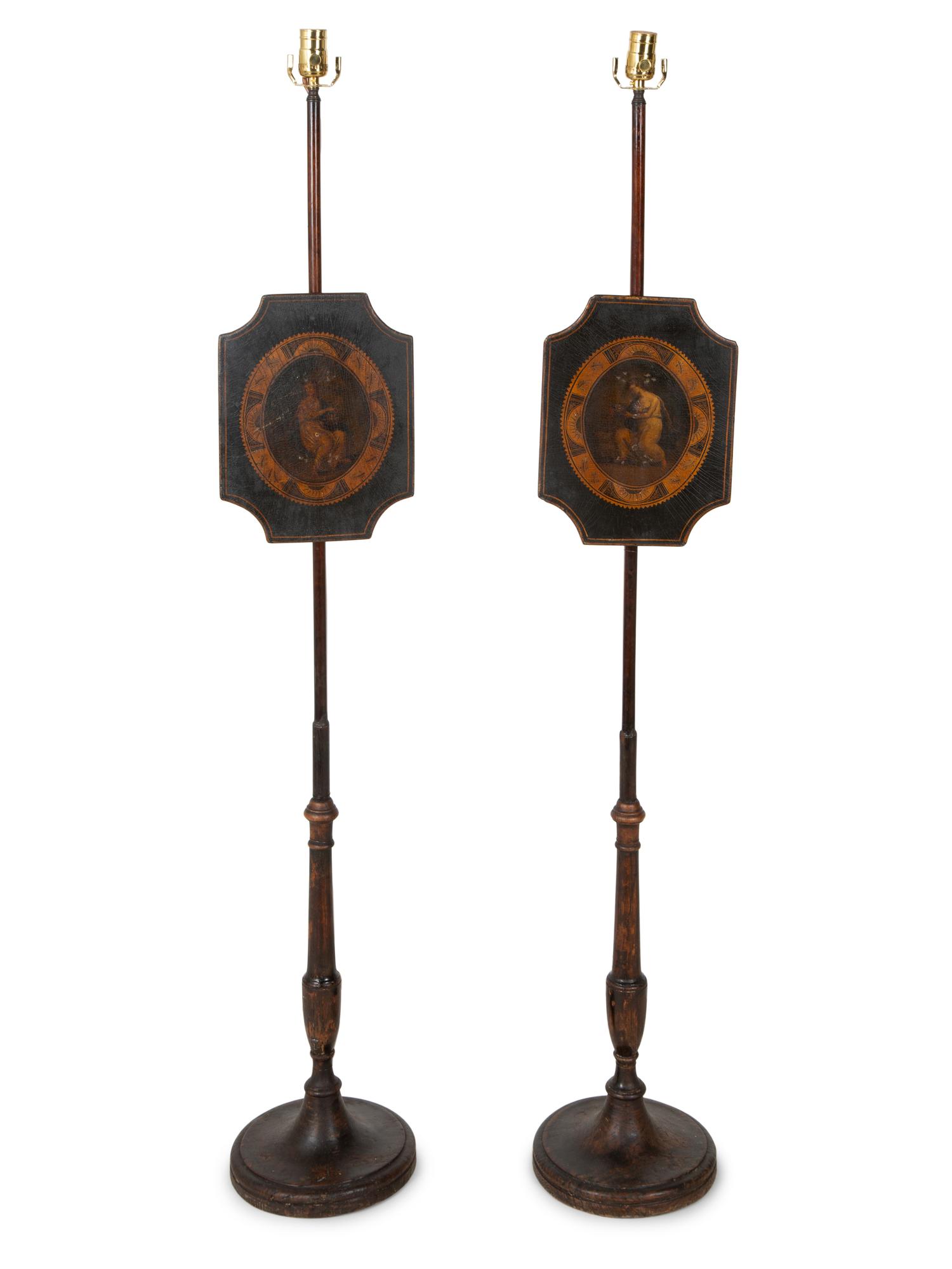 A Pair of English Painted Pole Screens — 19TH CENTURY