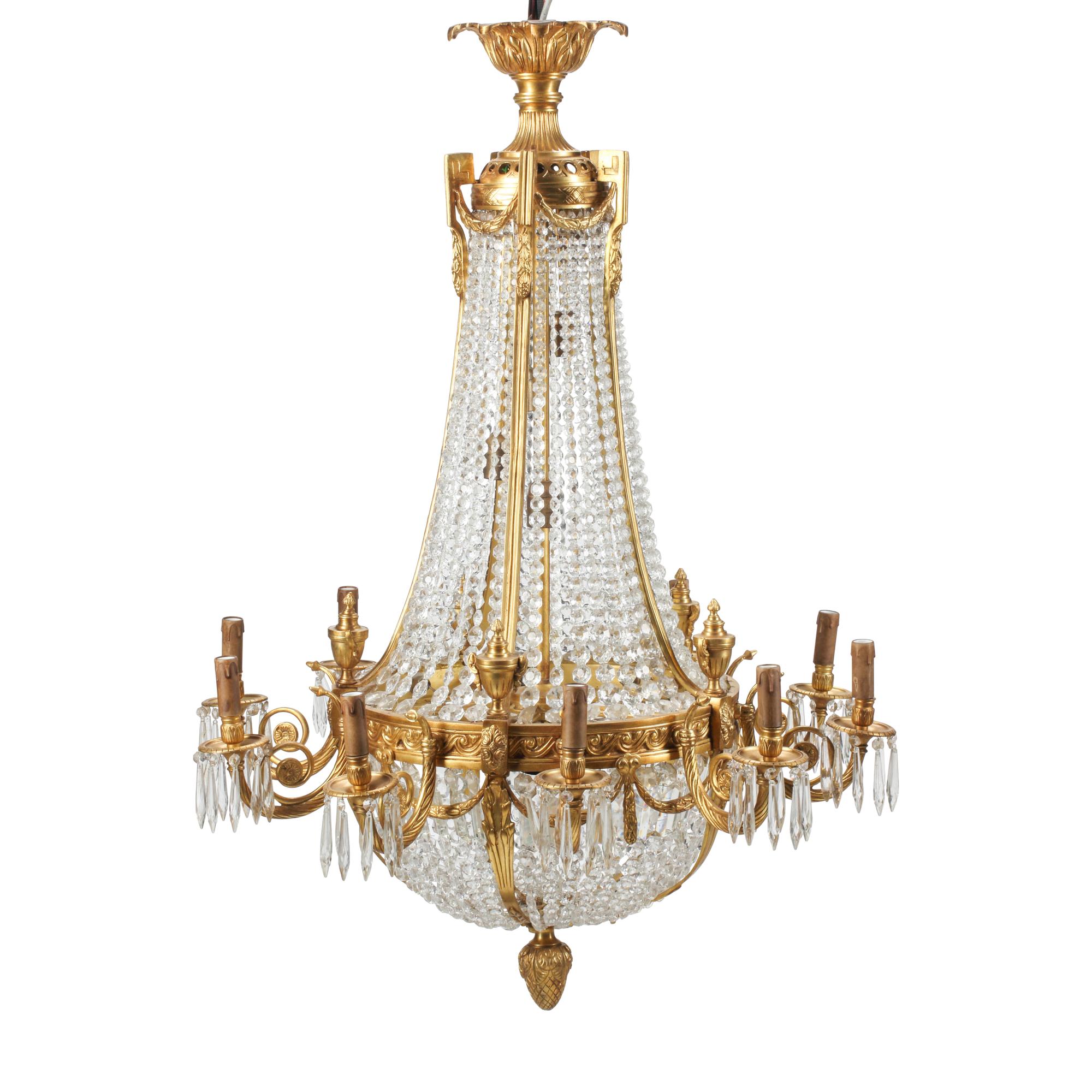 A Pair of French Neoclassical Style Gilt Bronze and Cut Glass Ten-Light Chandeliers