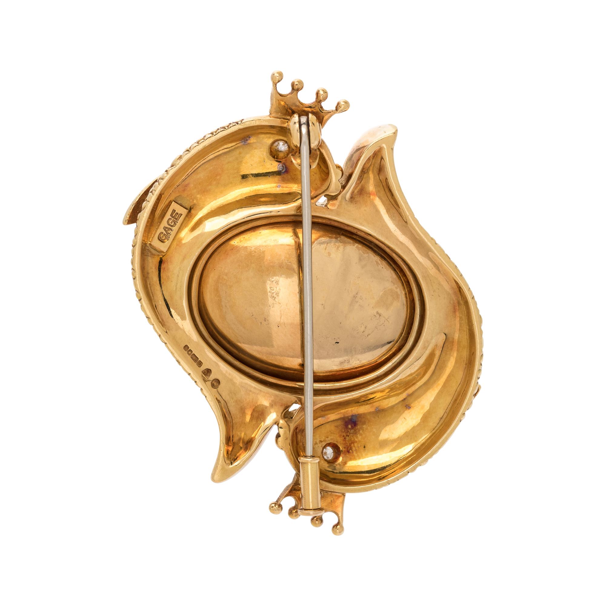ELIZABETH GAGE, YELLOW GOLD, CRYSTAL AND DIAMOND FISH BROOCH