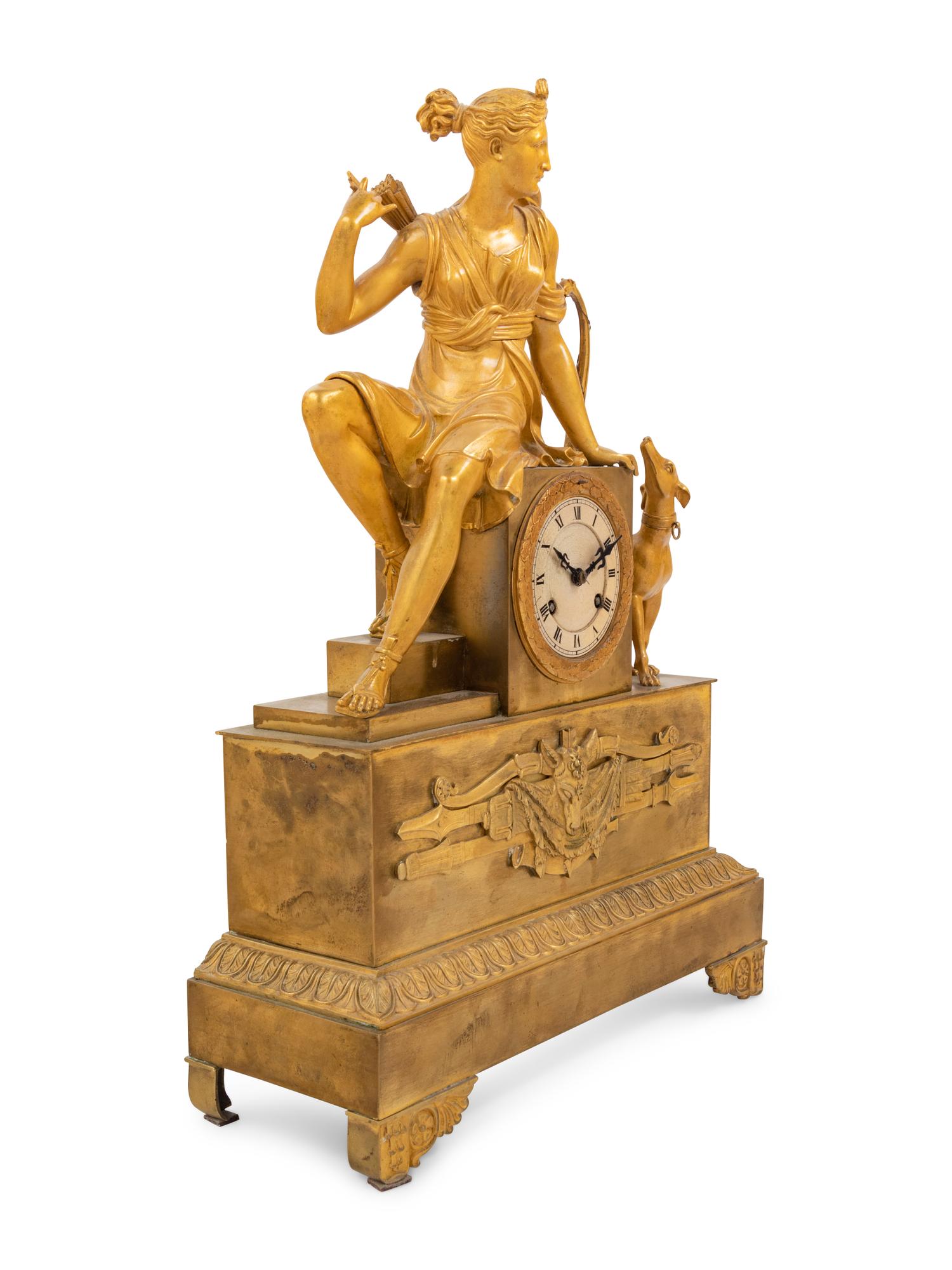 An Empire Style Gilt Bronze Figural Mantel Clock